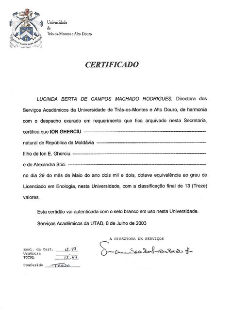 Certificat d'equivalence de Licence en Oenologie de l'UTAD